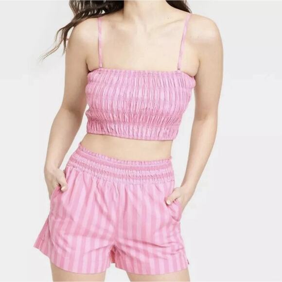 A NEW DAY NWT $20 Hot Pink Striped Smocked Slim Fit Tiny Cropped Tank Top - Picture 1 of 8